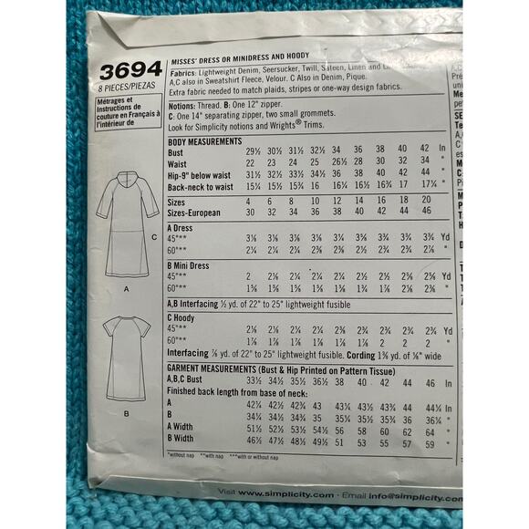 McCalls 3694 Sewing pattern dress mini dress hoodie size 4 6 8 10 12 - Picture 4 of 5
